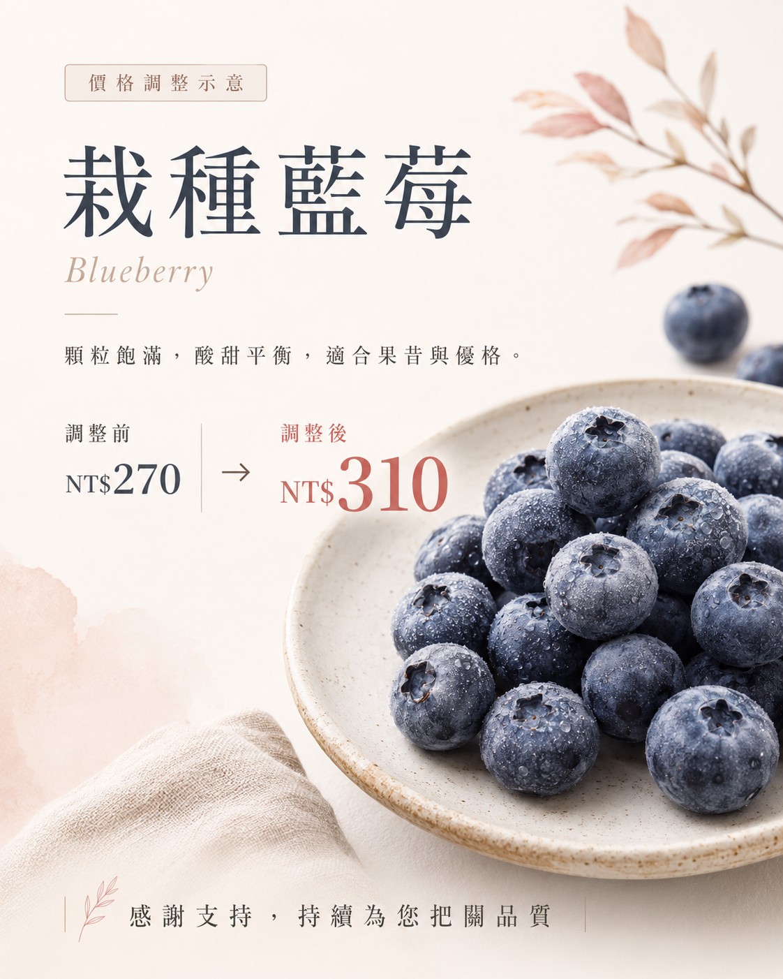 栽種藍莓價格調整示意圖
