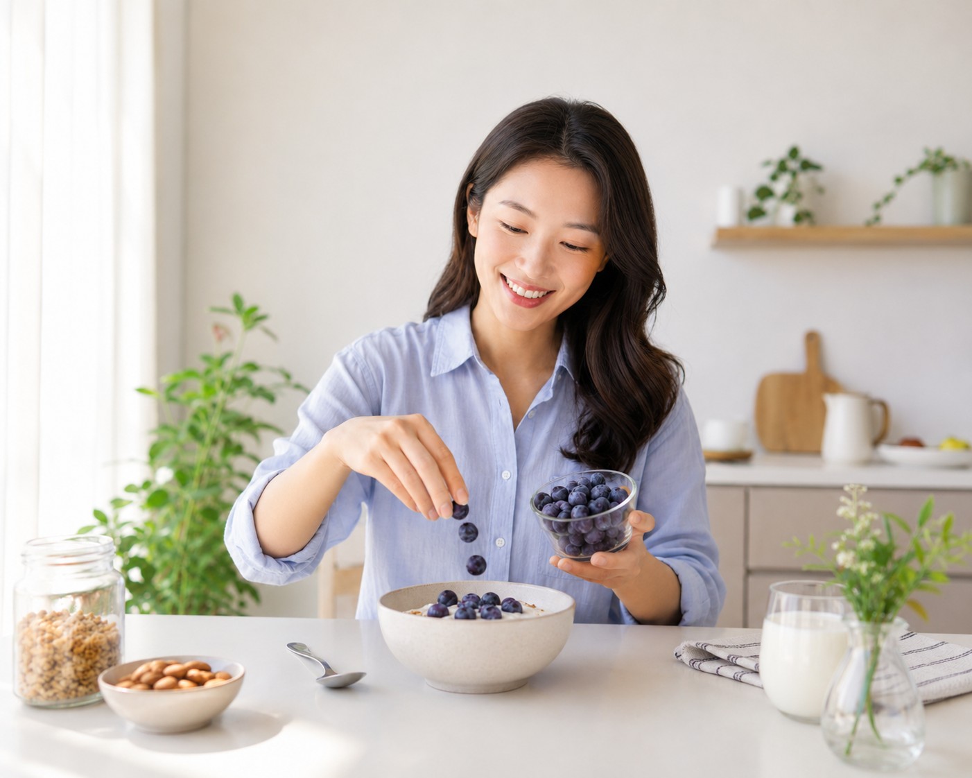 華人家庭早餐情境,將IQF冷凍藍莓搭配優格與燕麥